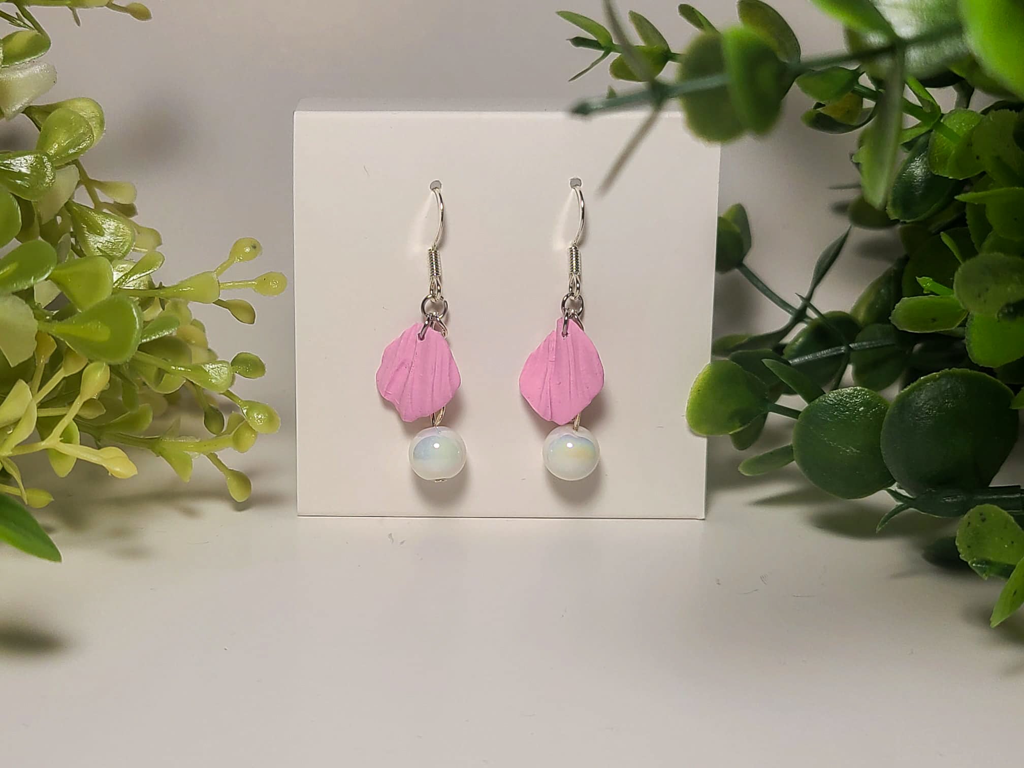 Pink Petal Polymer Clay Earrings | White Glass Bead Earrings | Handmade Floral Jewelry
