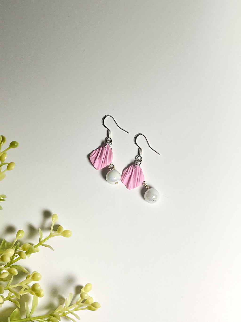 Pink Petal Polymer Clay Earrings | White Glass Bead Earrings | Handmade Floral Jewelry